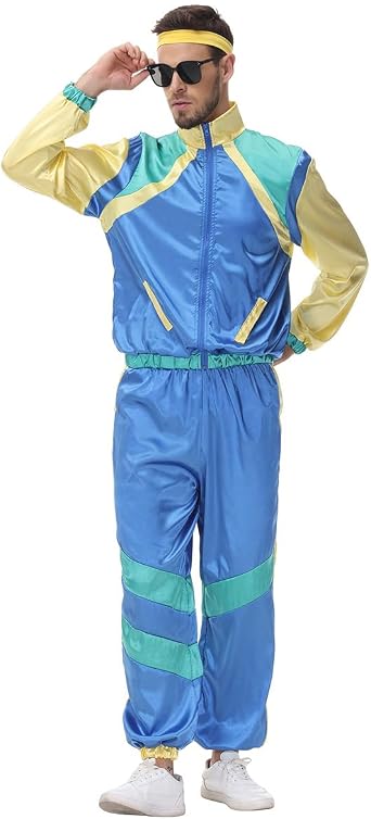 OBEEII 80s Costume Tracksuit for Men Women,jacket and pants,Headband suit,1980 Outfit for Halloween Vintage Party Carnival