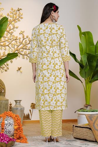Image of MIRCHI FASHION Women's Straight Fit Pure Cotton Sequins Thread Work Leaf Printed Kurta Set with Dupatta and Trouser