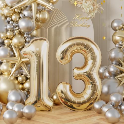 Image of AULE 40 Inch Large 13 Balloon Numbers Light Gold, Big Foil Number Balloons, Giant Helium 31 Happy Birthday Party Decorations for Man and Women, Huge Mylar Anniversary Party Supplies