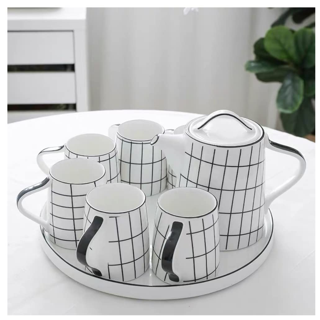 DANNMPX Tea Set 8 Pieces Tea Cup Set Nordic Ceramic With Round Tray Teaware Coffee Pot Teapot And Cups(C)