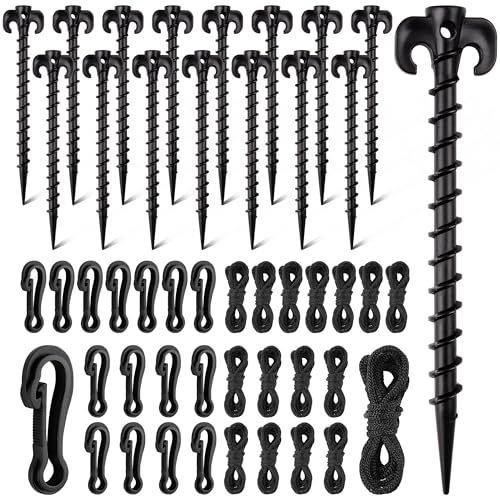 Qumenan 48 Pieces Plastic Inflatable Stakes Set Plastic Tent Stakes with Hooks & Ropes Camping Stakes Duty Tent Pegs for Halloween Christmas Yard Inflatables Sturdy Tent Canopy Stake