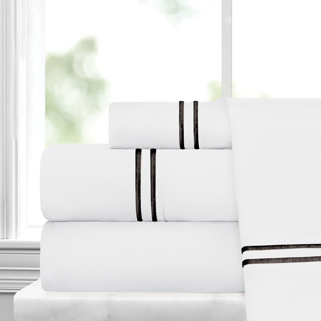 Egyptian Luxury Embroidered Bed Sheet Set – Ultra Soft Premium 1500 Series w/ Beautiful Stripe Embroidery – Wrinkle & Fade Resistant, Hypoallergenic 4 Piece Set - King - White/Black