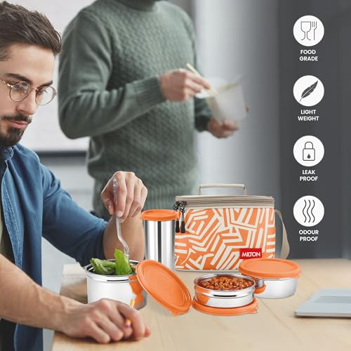 Image of MILTON Delicious Lunch Box with Insulated Fabric Jacket, 3 Stainless Steel Containers 210 ml, 340 ml, 500 ml &Tumbler 380 ml, Leak-Proof Tiffin for Office, College, Picnic, Orange