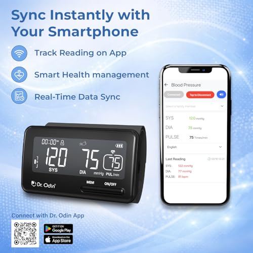 Image of Dr. Odin OBP201BT Digital Blood Pressure Monitor with Smart App Connectivity, Tubeless Design, Large LCD Display, Accurate One-Touch Operation with Type-C Cable (Black)