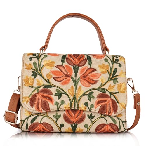 Image of Floral Embroidered Crossbody Sling Bag with Top Handle, Vintage Style Canvas for Women