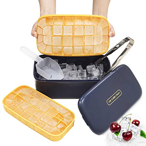 Bac à Glaçons en Silicone,Baozun Lot de 2 Bacs à Glaçons avec Seau Pinces Pelle à Glace 64 Cubes Moule à Glaçons à Démoulage Facile pour Cocktail,Whisky,Pudding,Jus,sans BPA