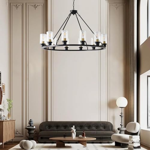 40" Large Farmhouse Black Wagon Wheel Chandelier 12 Light Rustic Wagon Wheel Light Fixture with Galss Shades Round Industrial Ceiling Hanging Pendant Light for Dining Living Room Foyer (Black-12T) by VIZBMYR - Image 2