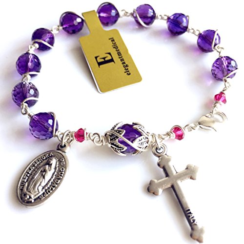elegantmedical Silver Wire Wraped UNDOUBTED AMETHYST Crystal BEAD BRACELET ROSARY CROSS CATHOLIC4
