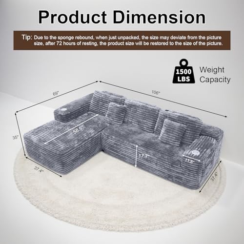 Image of Cloud Sectional Couch with L-Shape Chaise, Modern Modular Sofa with Deep Seat, Built-in Cup Holder & Storage Pocket for Living Room Bedroom, No Assembly Required (Light Gray, Left Facing Chaise)