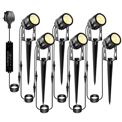 ECOWHO Garden Lights Mains BS Plug Extendable Outdoor Spotlights 21m LED Spike Uplighter Wire Metal Outside Waterproof Lighting Warm White for Path Tree(Ground Stake&Wall Mounted, DIY to 8 Spots)
