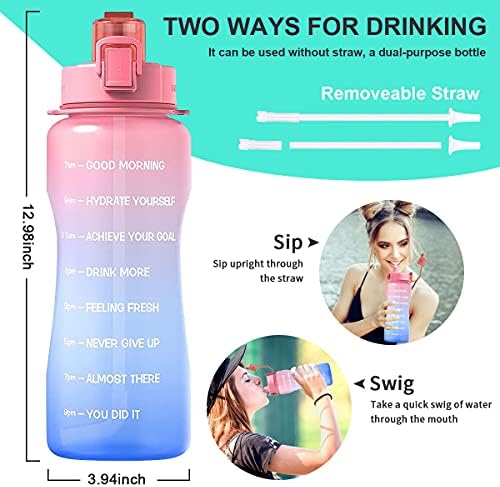 2 Litre Motivational Water Bottle with Straw and Time Marker, BPA Free Half Gallon Water Jug with Handle, Large Leakproof Bottles for Gym Fitness Outdoor Sports, Flip Top, Tritan Plastic (Pink & Blue)