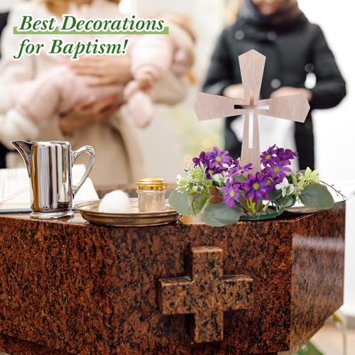 Novabright 3 Pcs Wooden Cross Table Centerpieces with 3 Pcs Floral Wreaths Standing Religious Decorations for First Communion, Baptism, Christening, Confirmation, Wedding Decor (Purple Wreath) — view 5