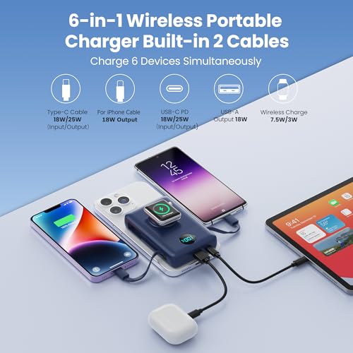 Image of APHUWJ Magnetic Portable Charger for iPhone with Built-in Cables, 10800mAh 25W PD Fast Charging Power Bank, 6 Outputs Battery Pack for iPhone 17 /16 /15 /14 /13 /12,Apple Watch Travel Essential (Blue)
