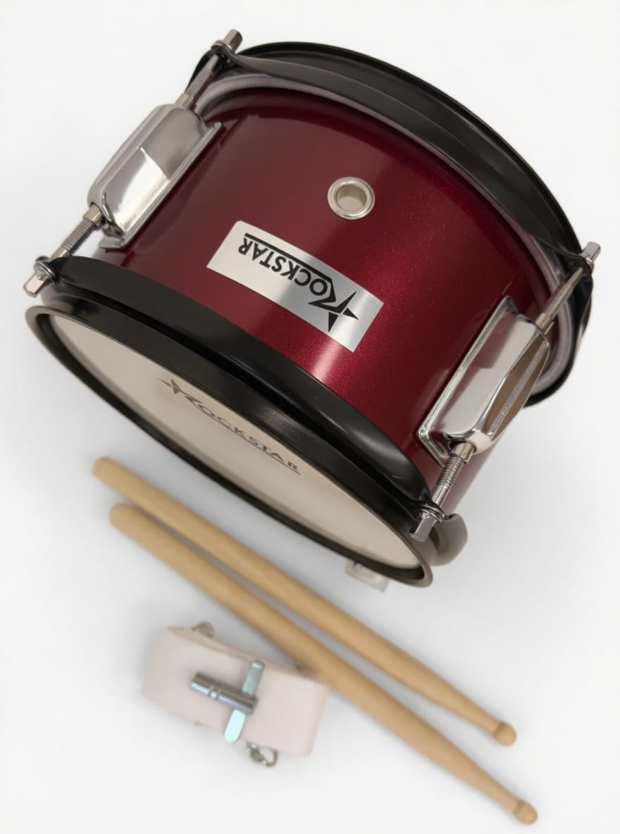 ROCKSTAR - Tambor de Madera Afinable SMD-0805WR 8" x 5" (20 x 12,7 cm) Caja de Marcha, Instrumento de Percusión con Bordón Ajustable, Correa y Baquetas Incluidas. Vino metalizado.