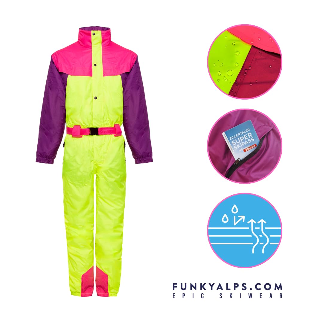 Funky Alps - Tuta da sci vintage - Abbigliamento da sci unisex retrò - Antivento e impermeabile - Perfetto per gli sci Après - Disponibile nelle taglie dalla S alla XXL