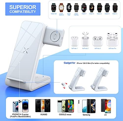 Wireless Charger Fast Qi Certified 3 in 1 Charging Station Pop-Up Watch Charging Stand Crystal Glass Charging Surface Frosted Shell for Apple Watch AirPods iPhone 11 12 13 14 Pro Max SE X Mini
