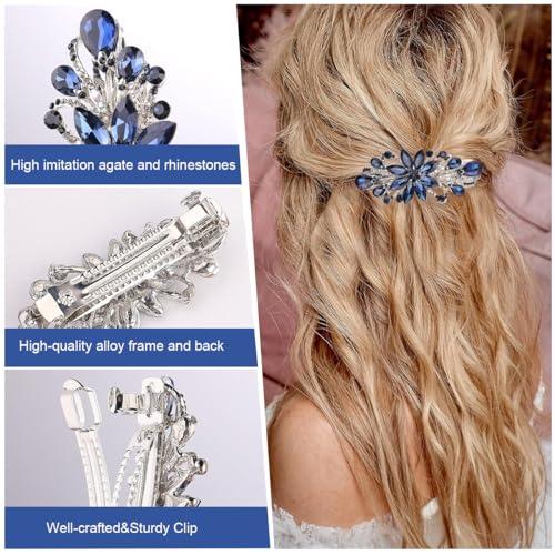 Image of MAYCREATE Floral Rhinestone Center Back Clip, Stylish Hair Barrette, Blue