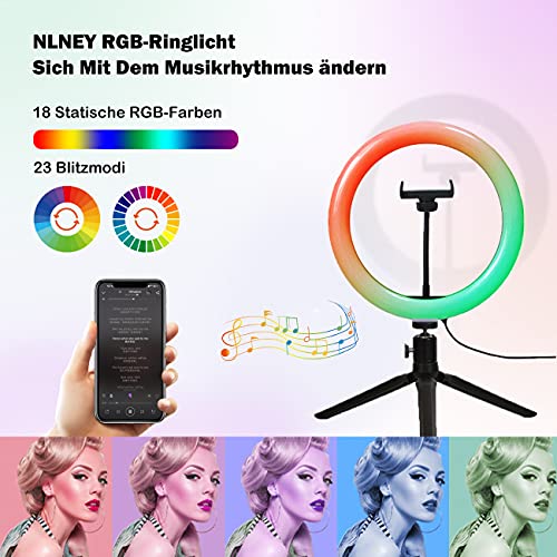 10" LED Ringlicht,RGB Tiktok Ringleuchte mit Stativ Handy-Halterung Stimmenkontrolle, 18 RGB Farbe,23 dynamische RGB-Regenbogenfarben Heim Licht,10 Helligkeit für Make-up Live-Stream YouTube Selfie – Bild 4
