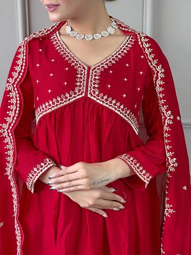 Image of Naixa Women's Vichitra Silk Embroidered A-line Kurta with Vichitra Silk Pant and Chinon Embroidered Dupatta Sets (NK-443)
