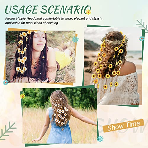 4 Pcs Flower Hippie Headband Floral Crown Summer Sunflower Headband Girls Adjust Flower Headpiece Hippie Headdresses for Women Costume Headwear Hair Accessories for Wedding Party - Thumbnail 5