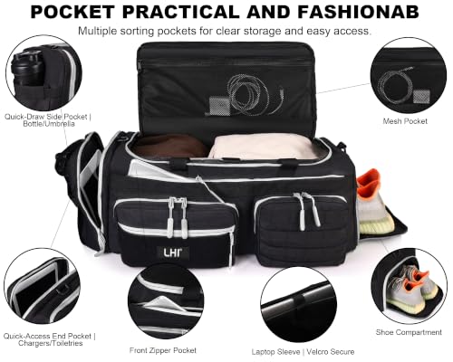 Image of LHI 50L Tactical Duffle Bag for Men, 3-in-1 Gym Duffle and Backpack, Shoe Compartment, Laptop Sleeve and MOLLE, Carry-On Travel Weekender and Overnight Bag - Black with White zippers