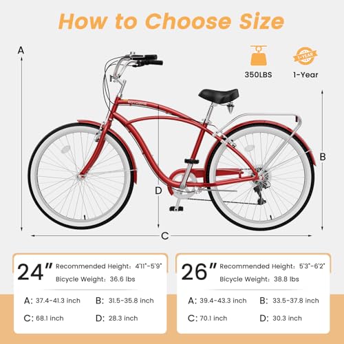 Image of Beach Cruiser Bike for Women and Men, 24 /26 Inch 7-Speed Adult Bicycle