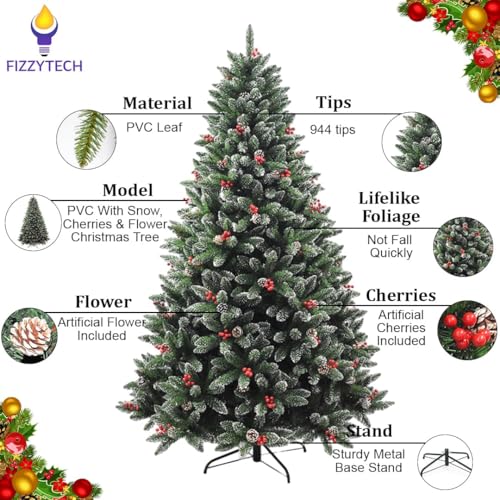 Image of Fizzytech 6 Feet Premium Artificial Christmas Tree with 944 Branch Tips, Snow Flocked Design, Red Berries & Pinecones, Metal Stand, Easy Assembly, Christmas Decoration for Home & Office