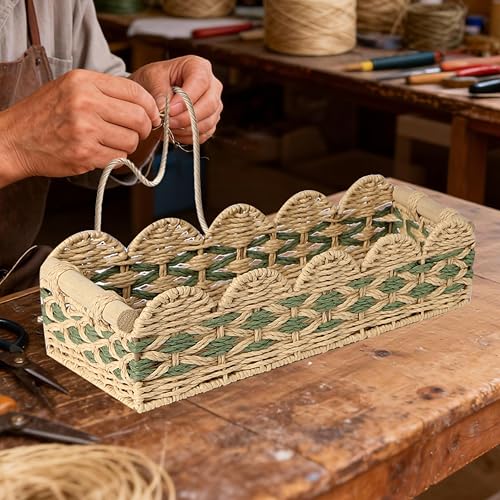 Image of Scalloped Toilet Paper Basket: Handwoven Wicker Tank Topper Organizer for Farmhouse & Boho Home Decor