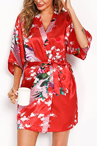 Vlazom Women Kimono Robes Satin Dressing Gown Peacock and Blossoms Nightwear Short Silk Bride Bridesmaid Robe Red,M - Image 2