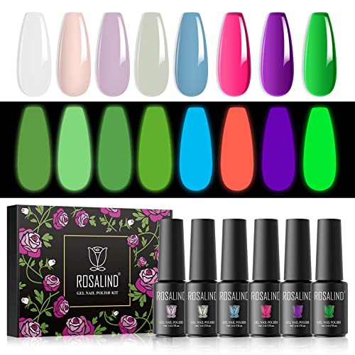 ROSALIND Esmaltes Semipermanentes para Uñas, Color de Neón Luminoso Semipermanente para Uñas, 8 Color Blanco Rosa Púrpura Azul Amarillo Verde, 5ml Pintauñas Semipermanentes Set
