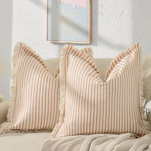 Image of ZWJD Fall Pillow Covers 18x18 Set of 2 Striped Pillow Covers with Fringe Chic Cotton Decorative Pillows Square Cushion Covers for Sofa Couch Bed Living Room Farmhouse Fall Decor, (Burnt Orange)