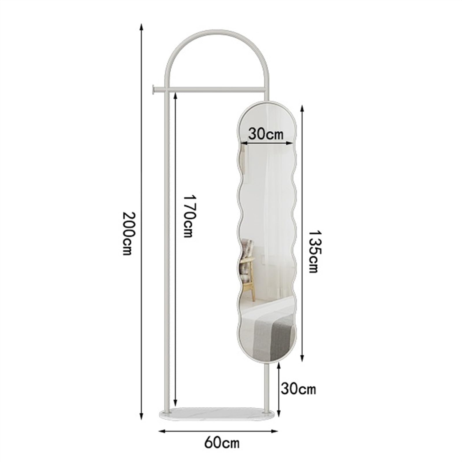 Specchio a specchio a tutta lunghezza, appendiabiti, specchio da pavimento integrato e tridimensionale per soggiorno, casa camera da letto, specchio per abbigliamento multifunzionale (bianco)
