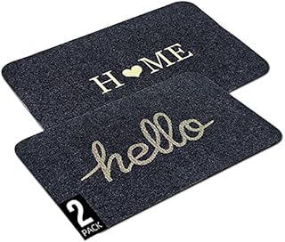 SVNONVE DoorMat-2 Pc Set,Outdoor&Indoor Mat (45X70CM), Multiple-use Waterproof Anti-Slip Durable Rubber Front Door Mat for Entryway, Patio, High Traffic Areas Black Grey([Hello]+[Home])