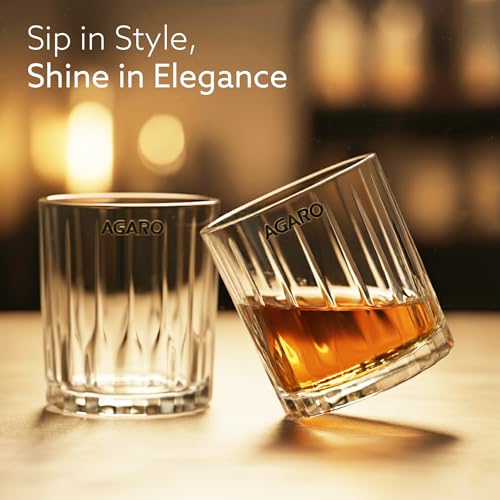 Image of AGARO Elegant Whiskey Glass, Set of 6, 325ML, Vertical Stripe Cut Design, Crystal Clear Tumbler Set, Home, Bar Drinking Glass Set for Scotch, Whisky, Bourbon, Liquor, Wine, Cocktail Drinks, Gifting