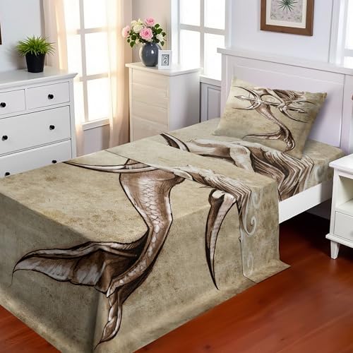 Ambesonne Mermaid Sheet Set, Vintage Girl in The Sea an Anchor Mythical Aquatic Creature Graphic Art, Fitted and Flat Sheet with Pillowcase Bedding Accent 3 Piece Set, Twin XL, Beige Brown