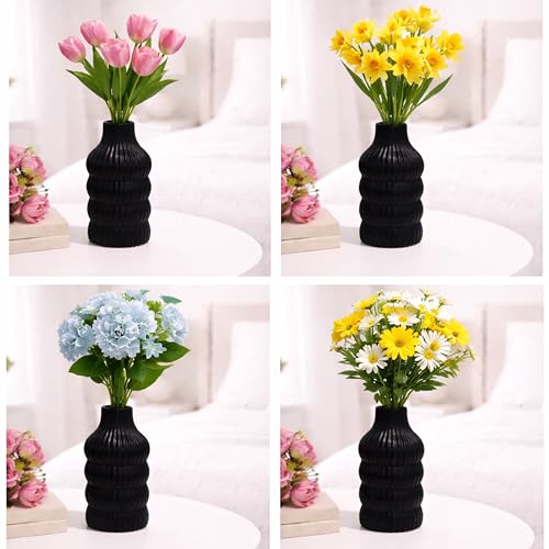Image of Modern Ribbed Ceramic Vase - Matte Black Decorative Flower Vase for Home Decor, Table Centerpiece & Living Room Styling