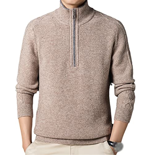 Pull à col roulé pour homme zippé chaud en pure laine beige XL