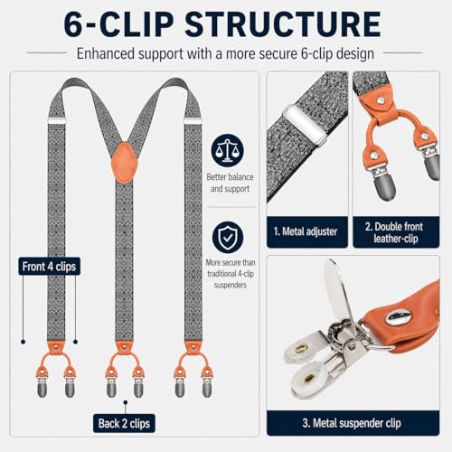 Image of Men's Heavy Duty Y-Back Suspenders, 6 Strong Metal Clips Adjustable Elastic Straps for Work, Tuxedos, and Daily Wear