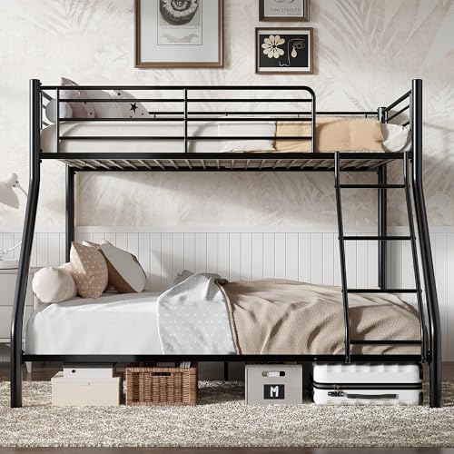 Image of VECELO Bunk Bed Twin Over Full, Metal Bunkbeds with Ladder and Full-Length Guardrail, No Box Spring Needed, Space Saving, Noise Free, Matte Black