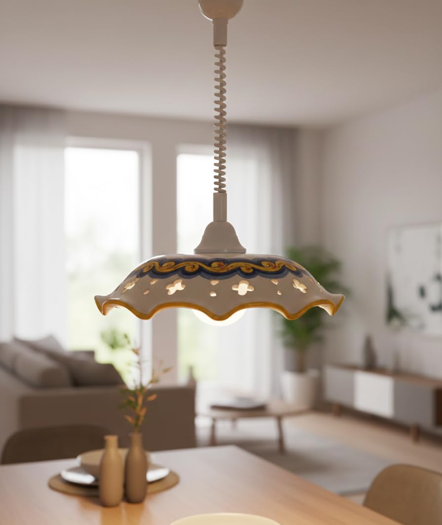 Mondocreazioni Lampadario a sospensione 1 luce saliscendi con ceramica realizzata e decorata artigianalmente coll. giulia (CANDIDA)