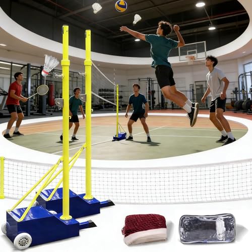 emobwdy Heavy Duty Volleyball/Badminton Poles,Volleyball/Badminton Poles,Volleyball Poles for Backyard with Wheels,Volleyball Net with Poles Adjustable 4 Heights 5ft-6.9ft,for Indoor&Outdoor