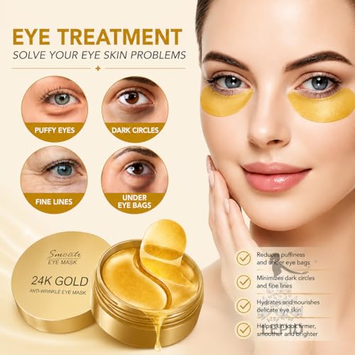 Image of 24K Gold Under Eye Patches (60 PCS) - Collagen Hydrogel Eye Masks for Puffy Eyes, Dark Circles & Fine Lines, Hydrating Under Eye Patches for Women & Men, Refreshing Skin Care Eye Patches