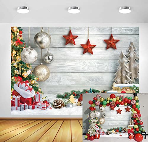 Décorations De Noël Toile De Fond Planche De Bois Blanc Cadeaux d'arbre De Noël Étoile Rouge Boule d'argent Ornements Suspendus Fond Joyeux Noël Décoration De Fête De Vacances Fournitures 2,1 x 1,5 m Cover
