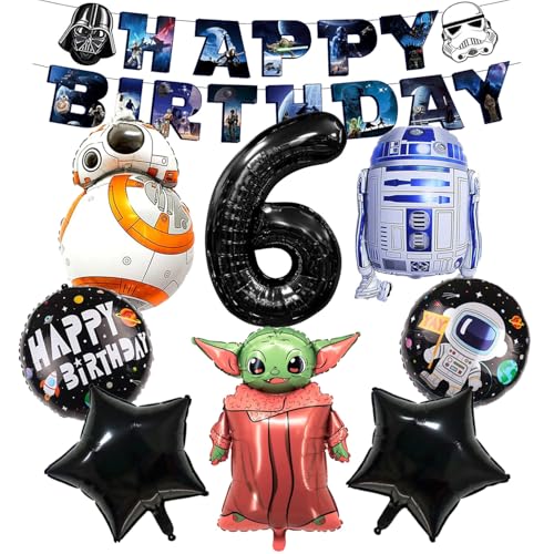 War Ballons Deko Set für Kinder Luftballons Geburtstag Deko 6 Jahre Junge Enthält Pentagramm Roboter Raumschiff Zahlen Charakter und Runder Aluminiumfolie Ballon Banner