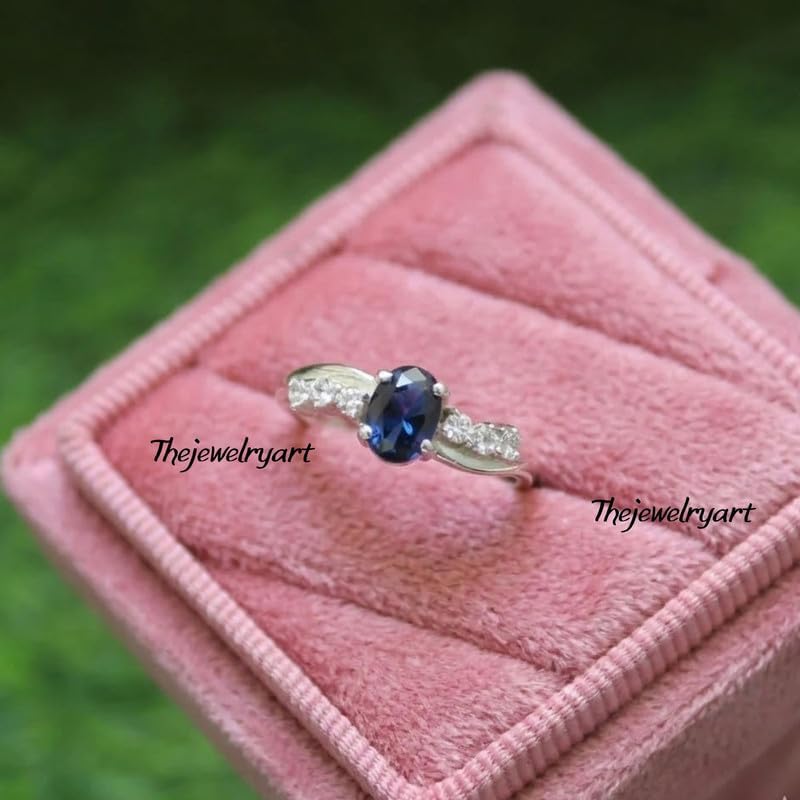 Oval Cut Lab Sapphire Ring, Vintage Style Sterling Silver Engagement Ring with CZ Diamond Accents, Art Deco Blue Sapphire Jewelry, Elegant Promise, Wedding Ring