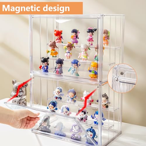 Image of Attelite Acrylic Display Case for Collectibles 3-Tier Adjustable 2Pack | 2 Adjustable Dividers,Clear 360 Visibility, Stackable Acrylic Box ,Strong Magnetic Door Closure,Dustproof Protection