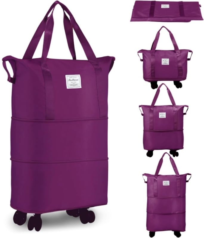 Large Rolling Duffle Bag with Wheels, Foldable Travel Bag with Wheels, 4 Layer Expandable Rolling Carry on Luggage Weekend Travel Bags for Women Men, Black (Wine)-image-22