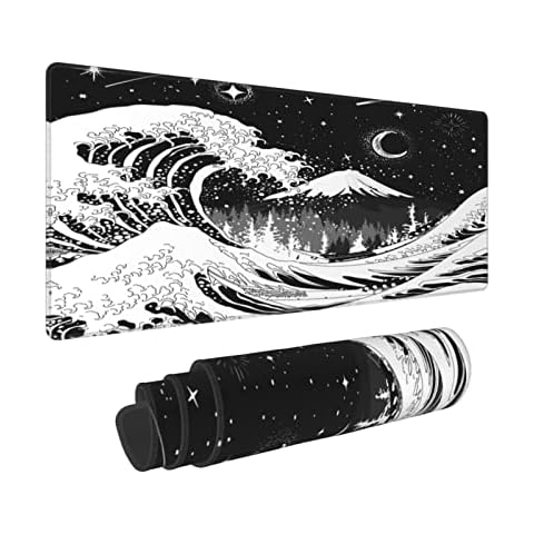 Black and White Japanese Ocean Wave Moon Star Gaming Mouse Pad XL, Non Slip Rubber Base Mousepad, Stitched Edges Desk Pad, Extended Large Mice Pad,31.5 X 11.8 Inch Cover