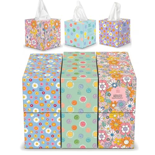 SMILEYWORLD - Lote de 12 cajas de pañuelos de papel faciales ultra suaves – 576 pañuelos – 3 capas – cajas de pañuelos diseño cubo (diseños diferentes) – 48 hojas por caja (BLOOM EDITION)