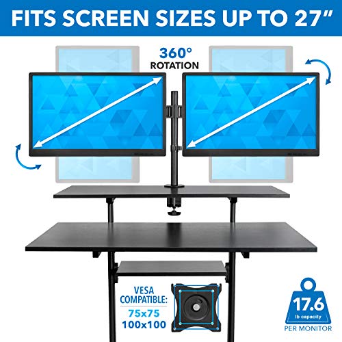 Mount-It! Mobile Standing Desk With Dual Monitor Mount - 40 Inch Wide Height Adjustable Rolling Computer Workstation With Four Wheels, #TOP4